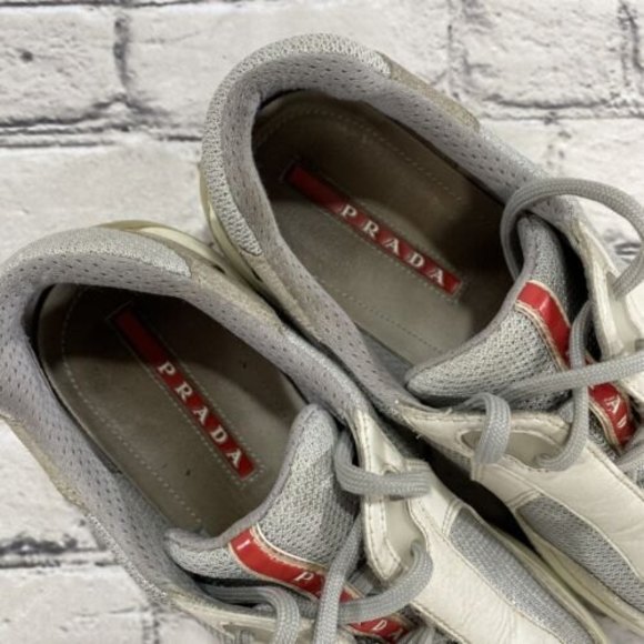 PRADA AMERICAS CUP SNEAKERS SHOES PS0906 WHITE LEATHER/ SILVER - SIZE 9 - Picture 10 of 12